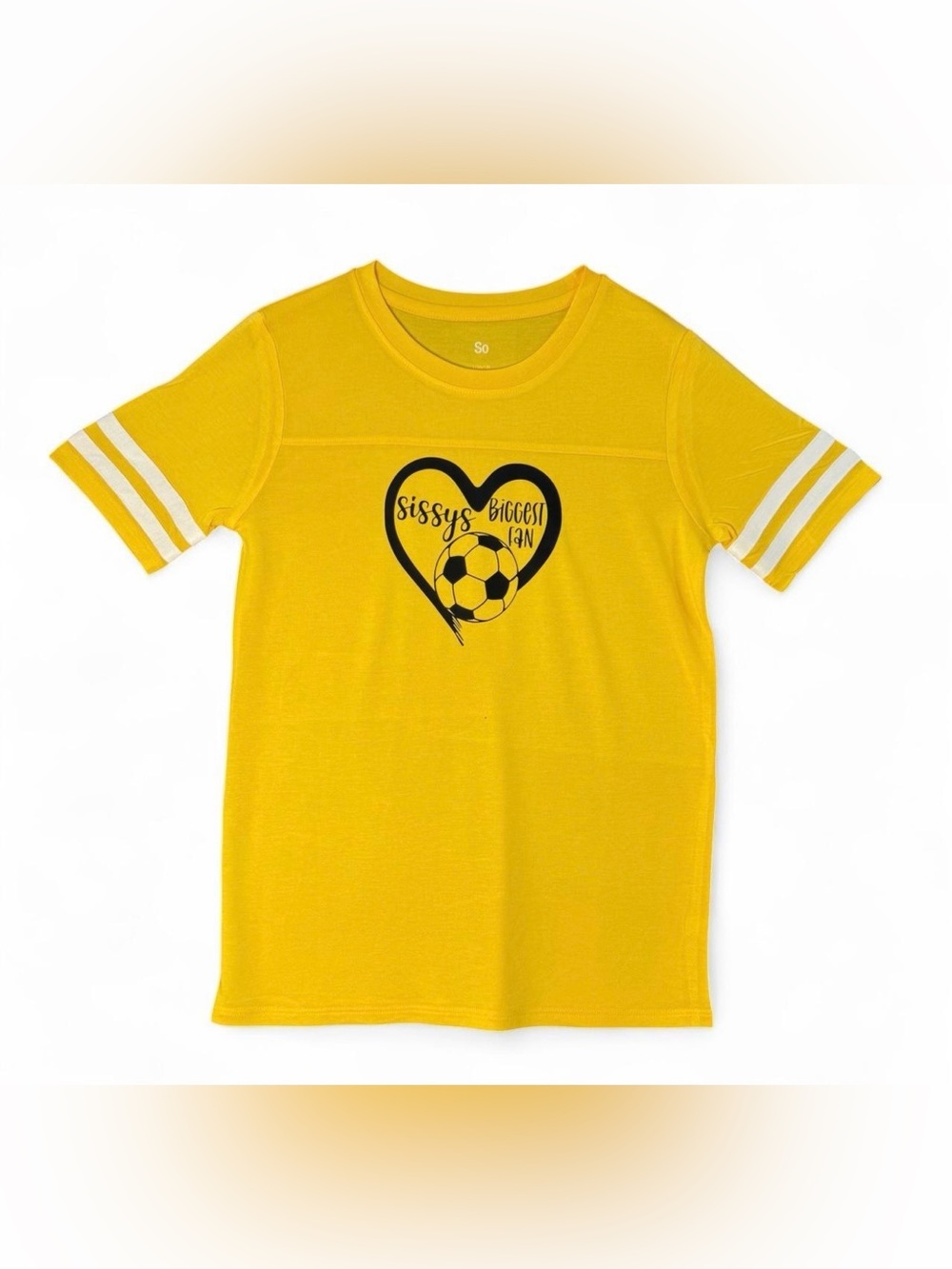 SO Girls Large (10-12)Yellow Varsity Stripe Soccer Tee "Sissy's Biggest Fan" NWT